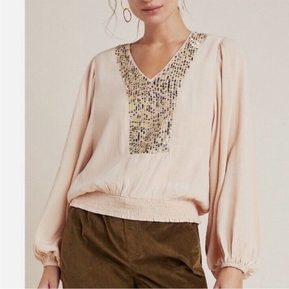 Maeve Tops - Anthropologie Tan Maeve peasant blouse with sequins size M